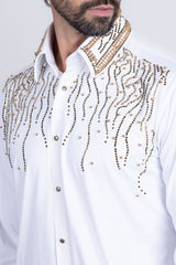 Barabas Wholesale Men's Rhinestones Geometric Stretch Long Sleeve Shirts 5BR03 White Gold