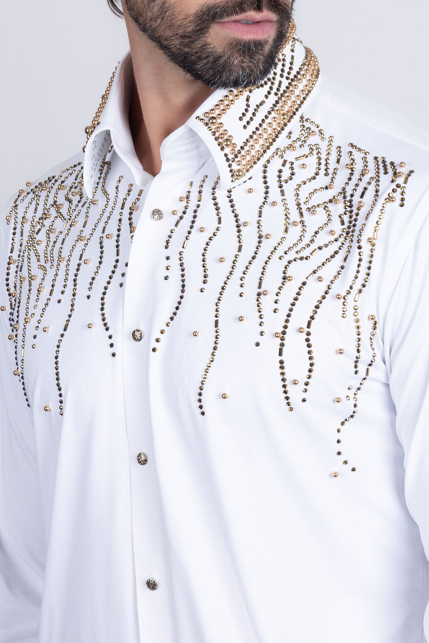 Barabas Wholesale Men's Rhinestones Geometric Stretch Long Sleeve Shirts 5BR03 White Gold