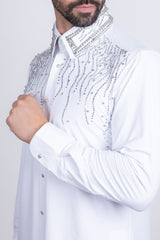 Barabas Wholesale Men's Rhinestones Geometric Stretch Long Sleeve Shirts 5BR03 White