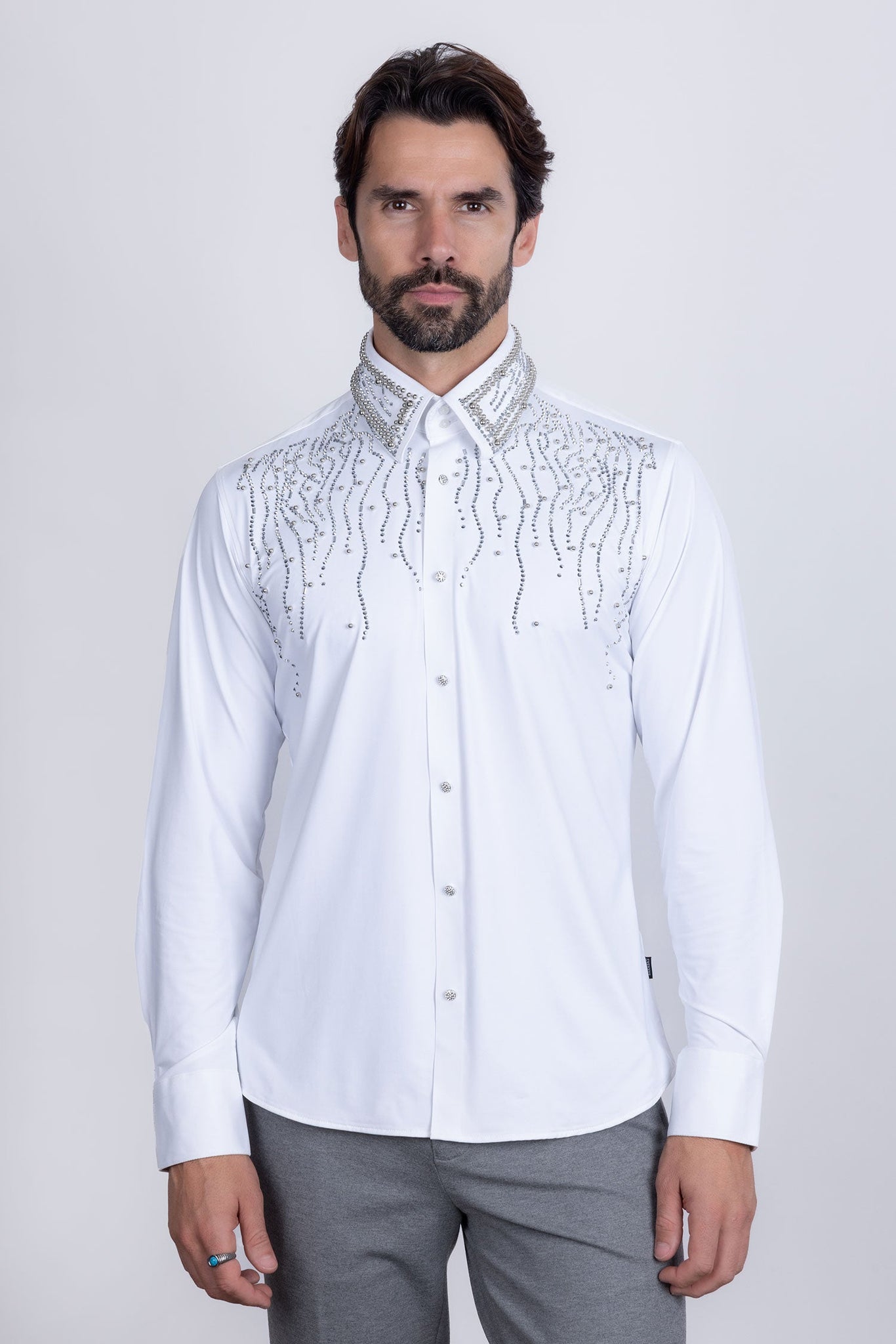Barabas Wholesale Men's Rhinestones Geometric Stretch Long Sleeve Shirts 5BR03 White