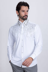 Barabas Wholesale Men's Rhinestones Geometric Stretch Long Sleeve Shirts 5BR03 White
