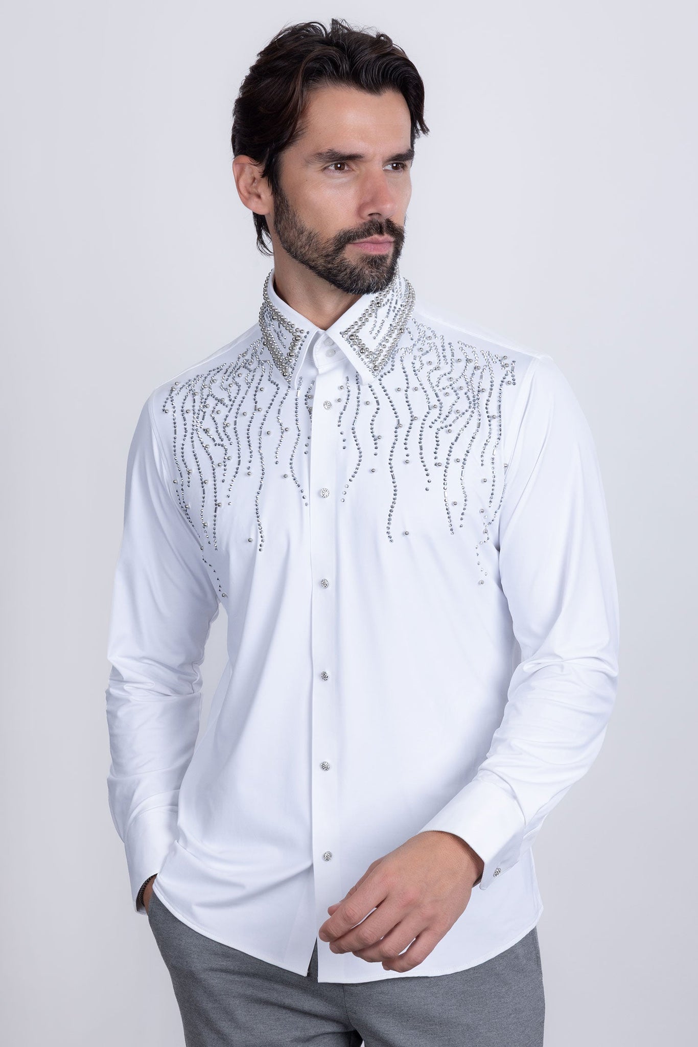 Barabas Wholesale Men's Rhinestones Geometric Stretch Long Sleeve Shirts 5BR03 White