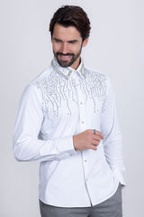 Barabas Wholesale Men's Rhinestones Geometric Stretch Long Sleeve Shirts 5BR03 White