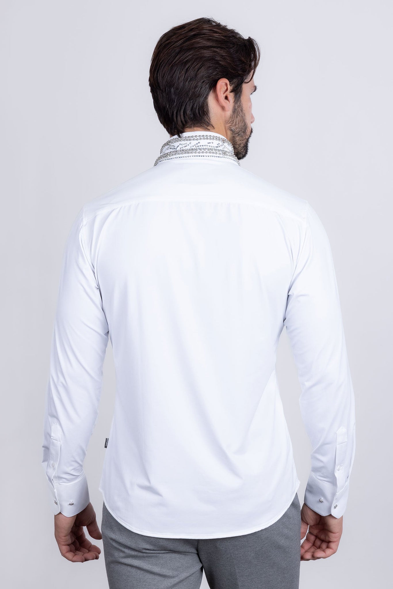 Barabas Wholesale Men's Rhinestones Geometric Stretch Long Sleeve Shirts 5BR03 White