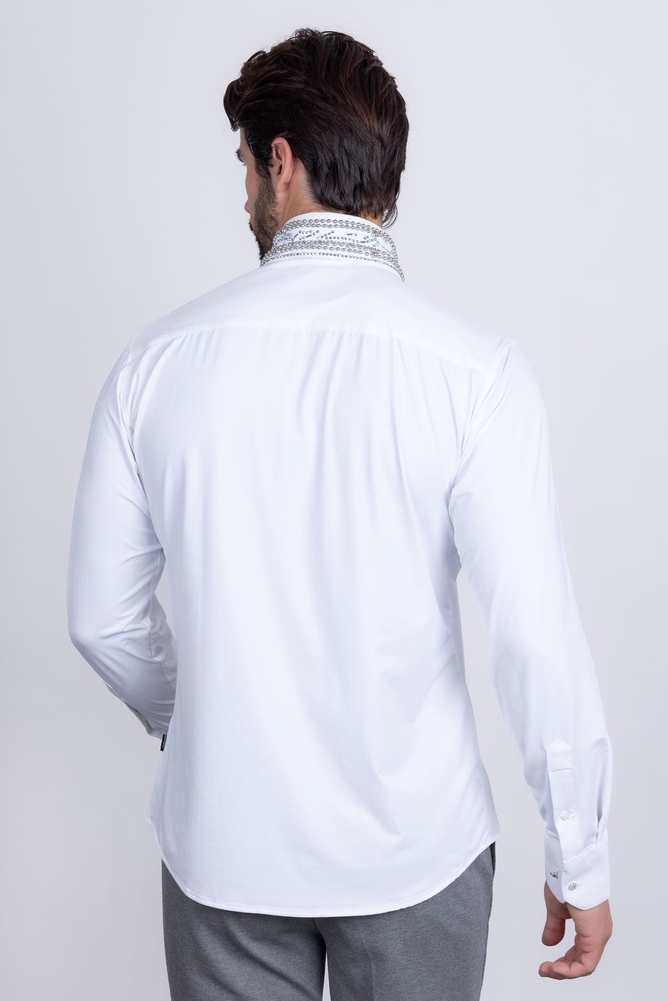 Barabas Wholesale Men's Rhinestones Geometric Stretch Long Sleeve Shirts 5BR03 White