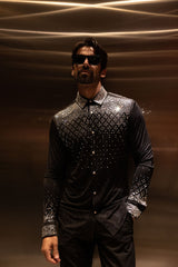Barabas Wholesale Men's Rhinestones Geometric Stretch Long Sleeve Shirts 5BR20 Black 