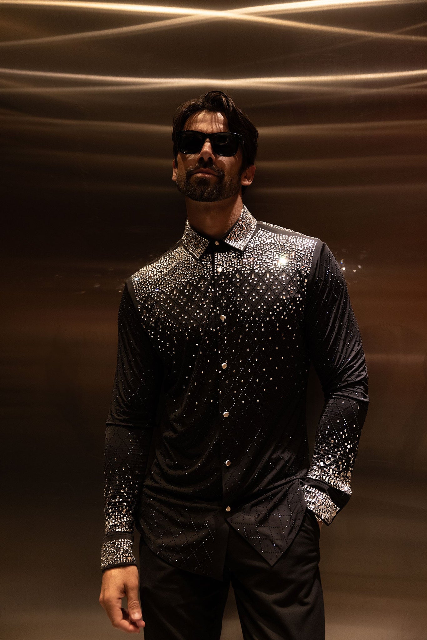 Barabas Wholesale Men's Rhinestones Geometric Stretch Long Sleeve Shirts 5BR20 Black 