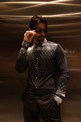 Barabas Wholesale Men's Rhinestones Geometric Stretch Long Sleeve Shirts 5BR20 Black 