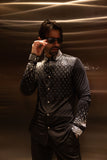 Barabas Wholesale Men's Rhinestones Geometric Stretch Long Sleeve Shirts 5BR20 Black 