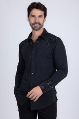 Barabas Wholesale Men's Rhinestones Geometric Stretch Long Sleeve Shirts 5BR20 Black