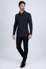 Barabas Wholesale Men's Rhinestones Geometric Stretch Long Sleeve Shirts 5BR20 Black