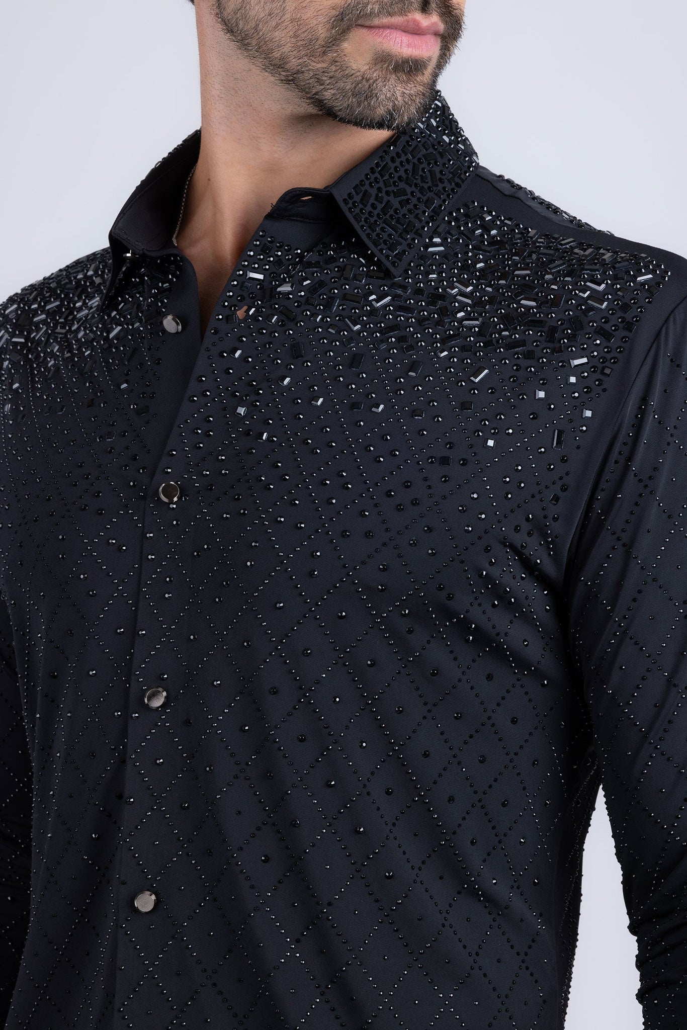 Barabas Wholesale Men's Rhinestones Geometric Stretch Long Sleeve Shirts 5BR20 Black