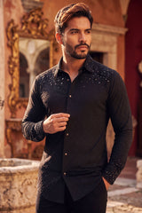 Barabas Wholesale Men's Rhinestones Geometric Stretch Long Sleeve Shirts 5BR20 Black