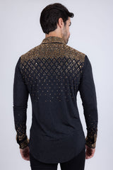Barabas Wholesale Men's Rhinestones Geometric Stretch Long Sleeve Shirts 5BR20 Black Gold