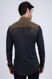 Barabas Wholesale Men's Rhinestones Geometric Stretch Long Sleeve Shirts 5BR20 Black Gold