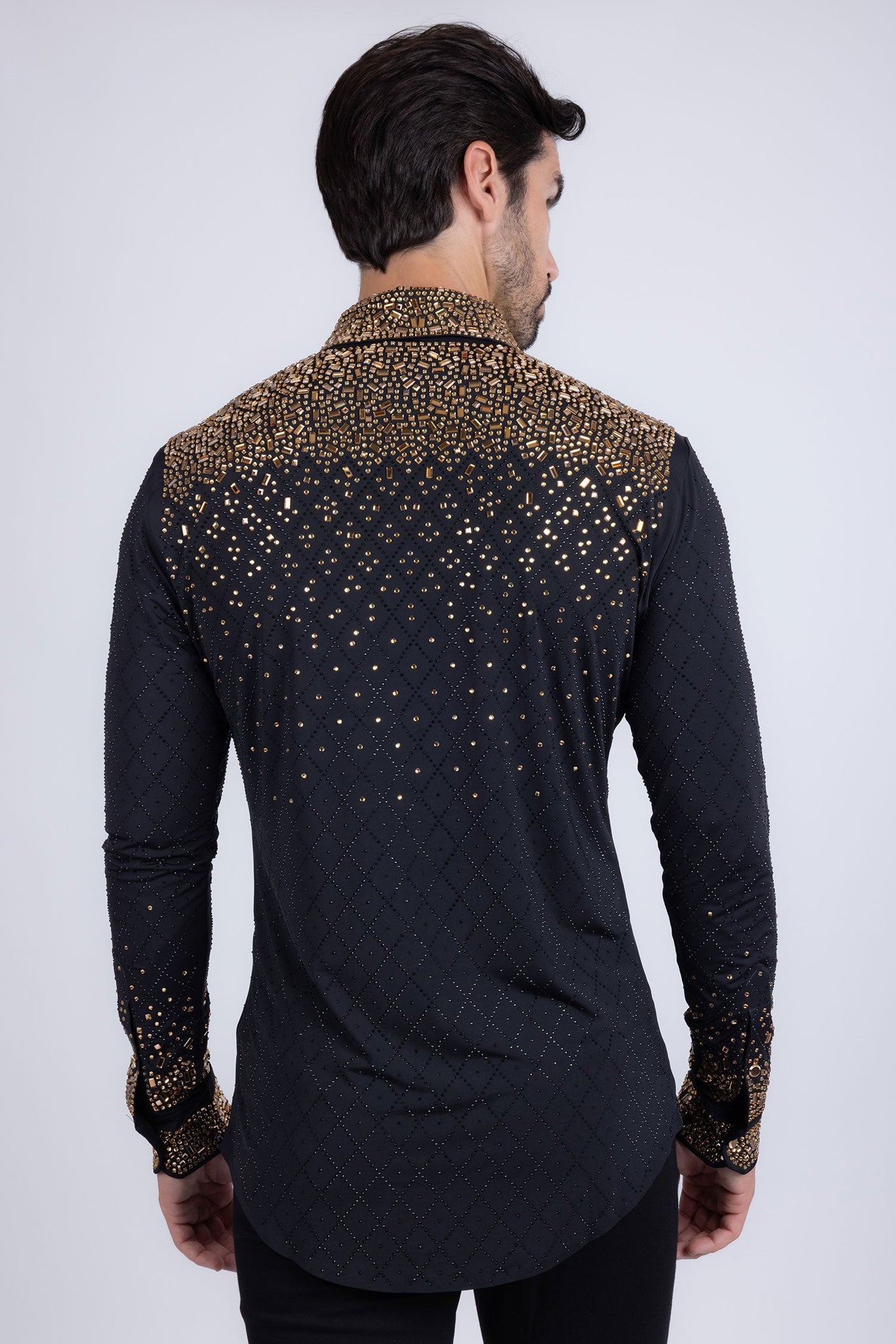 Barabas Wholesale Men's Rhinestones Geometric Stretch Long Sleeve Shirts 5BR20 Black Gold