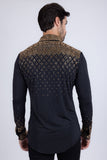 Barabas Wholesale Men's Rhinestones Geometric Stretch Long Sleeve Shirts 5BR20 Black Gold