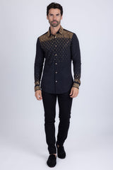 Barabas Wholesale Men's Rhinestones Geometric Stretch Long Sleeve Shirts 5BR20 Black Gold