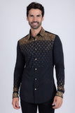 Barabas Wholesale Men's Rhinestones Geometric Stretch Long Sleeve Shirts 5BR20 Black