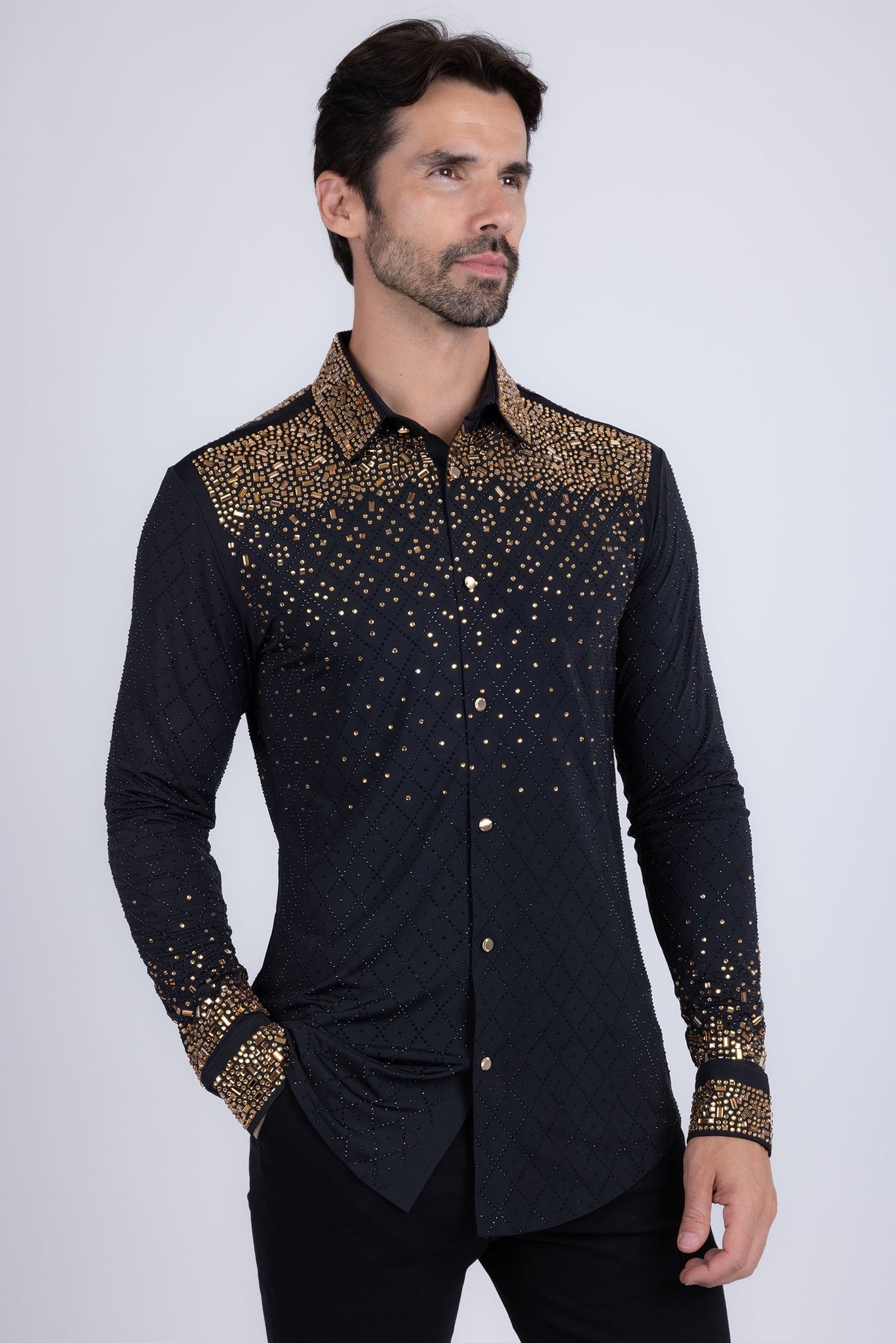 Barabas Wholesale Men's Rhinestones Geometric Stretch Long Sleeve Shirts 5BR20 Black Gold