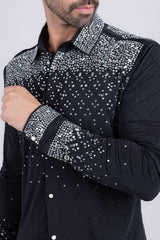 Barabas Wholesale Men's Rhinestones Geometric Stretch Long Sleeve Shirts 5BR20 Black Silver