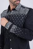 Barabas Wholesale Men's Rhinestones Geometric Stretch Long Sleeve Shirts 5BR20 Black Silver