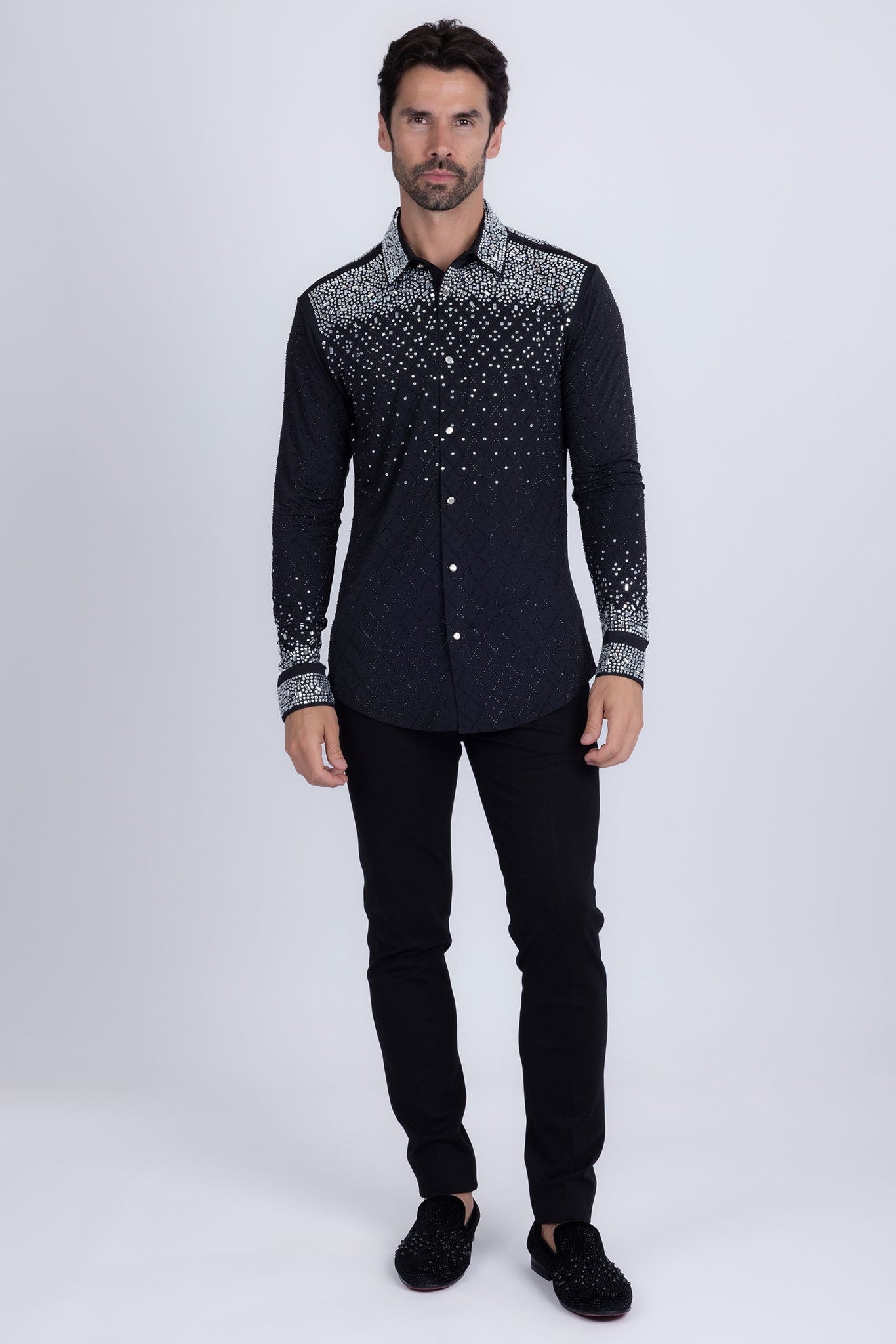 Barabas Wholesale Men's Rhinestones Geometric Stretch Long Sleeve Shirts 5BR20 Black 