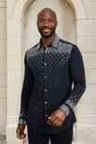 Barabas Wholesale Men's Rhinestones Geometric Stretch Long Sleeve Shirts 5BR20 Black Silver