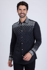 Barabas Wholesale Men's Rhinestones Geometric Stretch Long Sleeve Shirts 5BR20 Black Silver