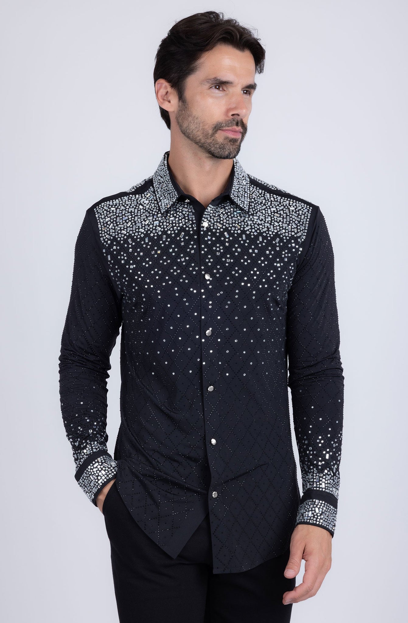 Barabas Wholesale Men's Rhinestones Geometric Stretch Long Sleeve Shirts 5BR20 Black Silver