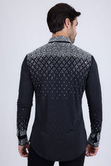 Barabas Wholesale Men's Rhinestones Geometric Stretch Long Sleeve Shirts 5BR20 Black Silver