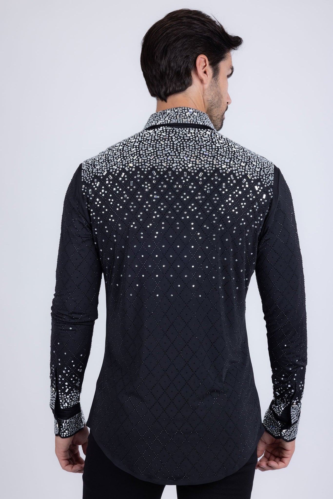 Barabas Wholesale Men's Rhinestones Geometric Stretch Long Sleeve Shirts 5BR20 Black Silver