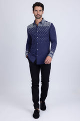 Barabas Wholesale Men's Rhinestones Geometric Stretch Long Sleeve Shirts 5BR20 Navy