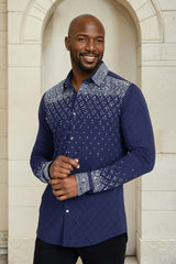 Barabas Wholesale Men's Rhinestones Geometric Stretch Long Sleeve Shirts 5BR20 Navy