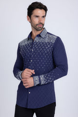 Barabas Wholesale Men's Rhinestones Geometric Stretch Long Sleeve Shirts 5BR20 Navy