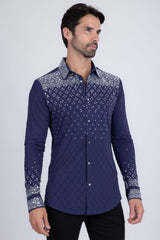 Barabas Wholesale Men's Rhinestones Geometric Stretch Long Sleeve Shirts 5BR20 Navy
