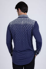 Barabas Wholesale Men's Rhinestones Geometric Stretch Long Sleeve Shirts 5BR20 Navy