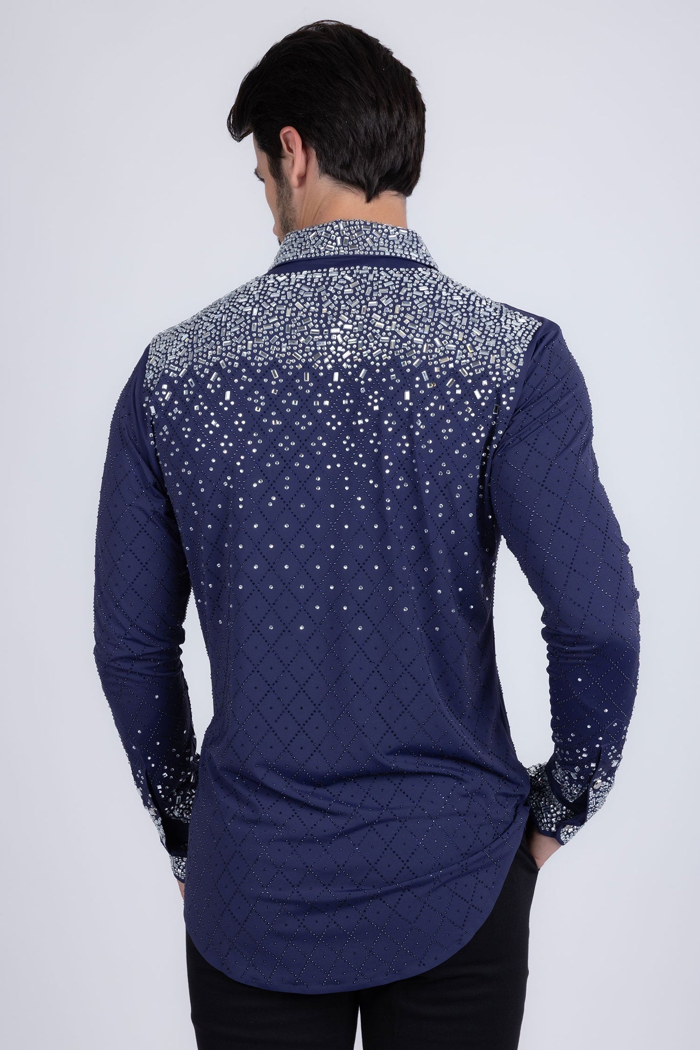 Barabas Wholesale Men's Rhinestones Geometric Stretch Long Sleeve Shirts 5BR20 Navy