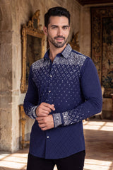 Barabas Wholesale Men's Rhinestones Geometric Stretch Long Sleeve Shirts 5BR20 Navy Silver