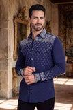 Barabas Wholesale Men's Rhinestones Geometric Stretch Long Sleeve Shirts 5BR20 Navy Silver