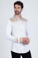 Barabas Wholesale Men's Rhinestones Geometric Stretch Long Sleeve Shirts 5BR20 White