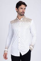 Barabas Wholesale Men's Rhinestones Geometric Stretch Long Sleeve Shirts 5BR20 White
