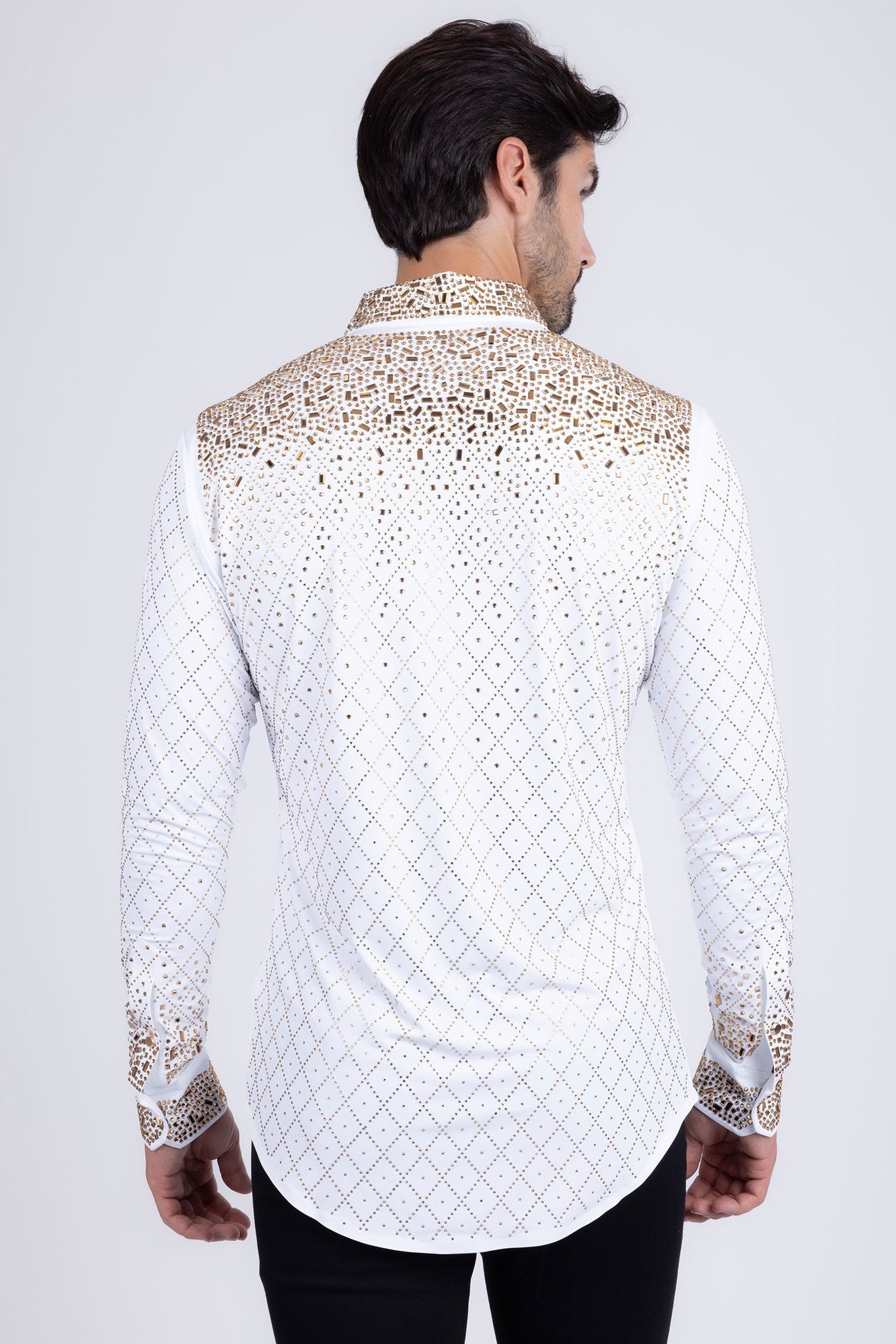 Barabas Wholesale Men's Rhinestones Geometric Stretch Long Sleeve Shirts 5BR20 White