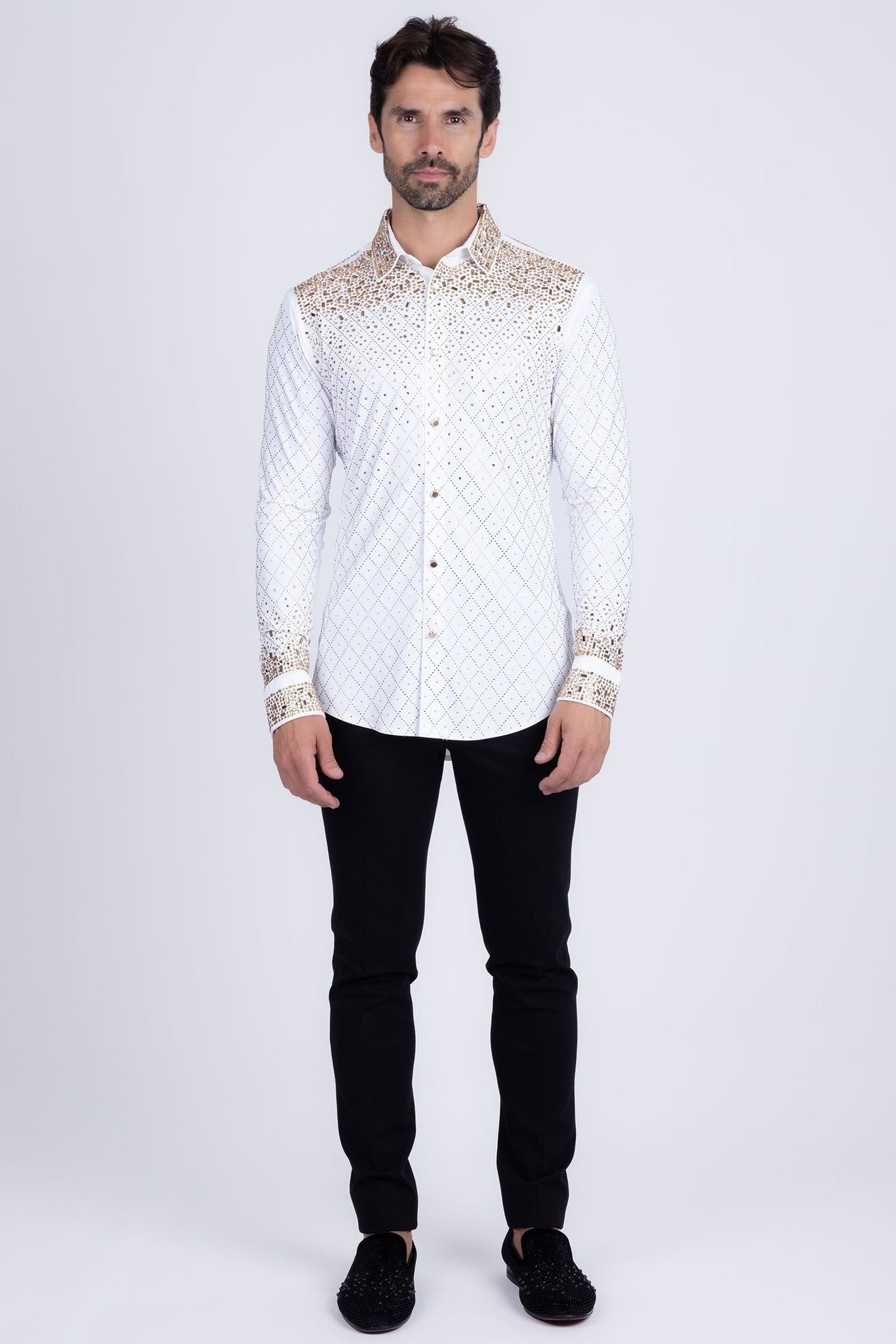 Barabas Wholesale Men's Rhinestones Geometric Stretch Long Sleeve Shirts 5BR20 White