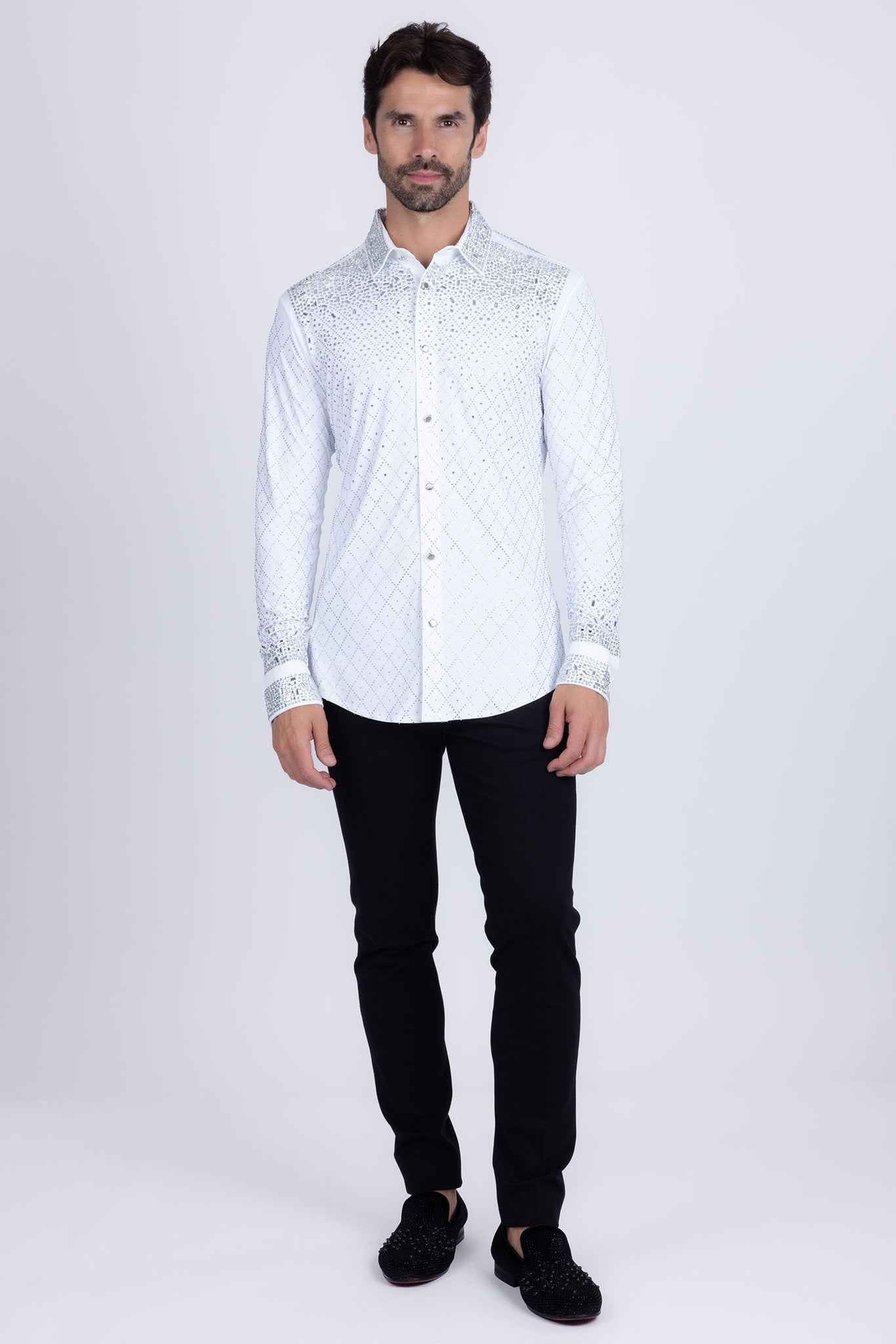Barabas Wholesale Men's Rhinestones Geometric Stretch Long Sleeve Shirts 5BR20 White