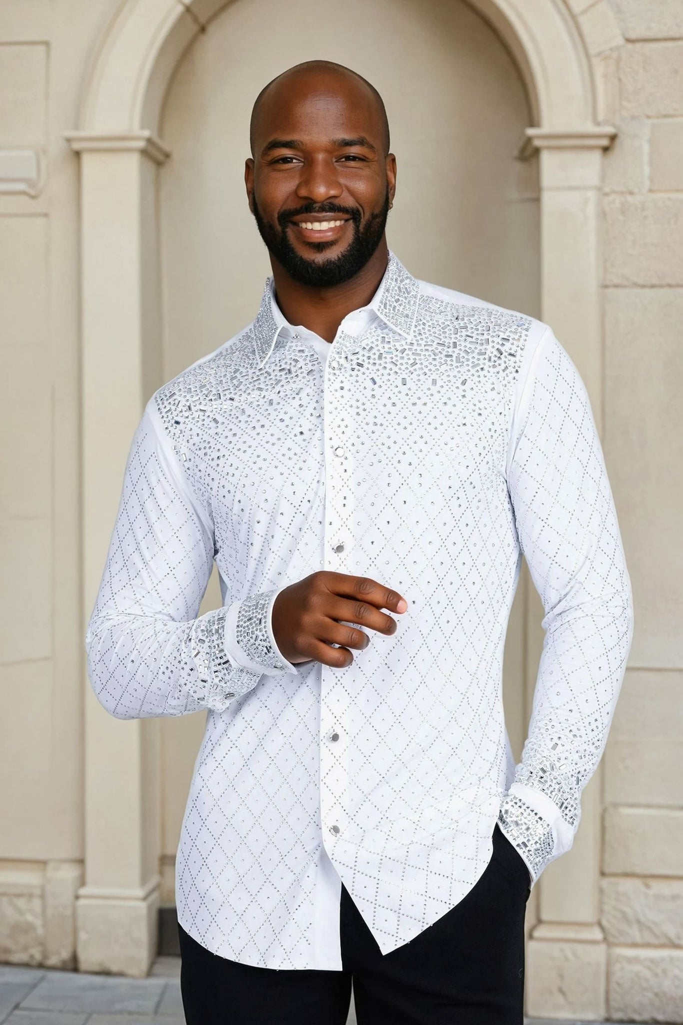 Barabas Wholesale Men's Rhinestones Geometric Stretch Long Sleeve Shirts 5BR20 White