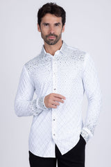 Barabas Wholesale Men's Rhinestones Geometric Stretch Long Sleeve Shirts 5BR20 White