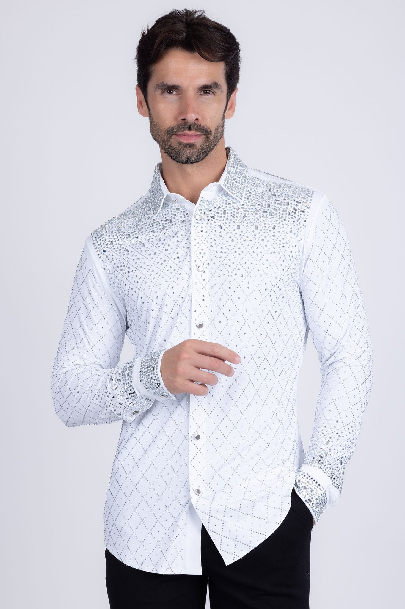 Barabas Wholesale Men's Rhinestones Geometric Stretch Long Sleeve Shirts 5BR20 White