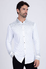 Barabas Wholesale Men's Rhinestones Geometric Stretch Long Sleeve Shirts 5BR20 White