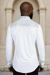Barabas Wholesale Men's Rhinestones Geometric Stretch Long Sleeve Shirts 5BR20 White